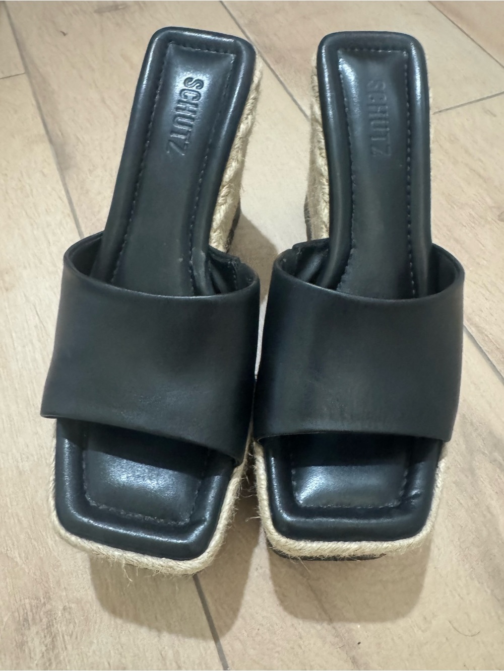 Schutz Black Leather Slide Espadrille Sandals size 8